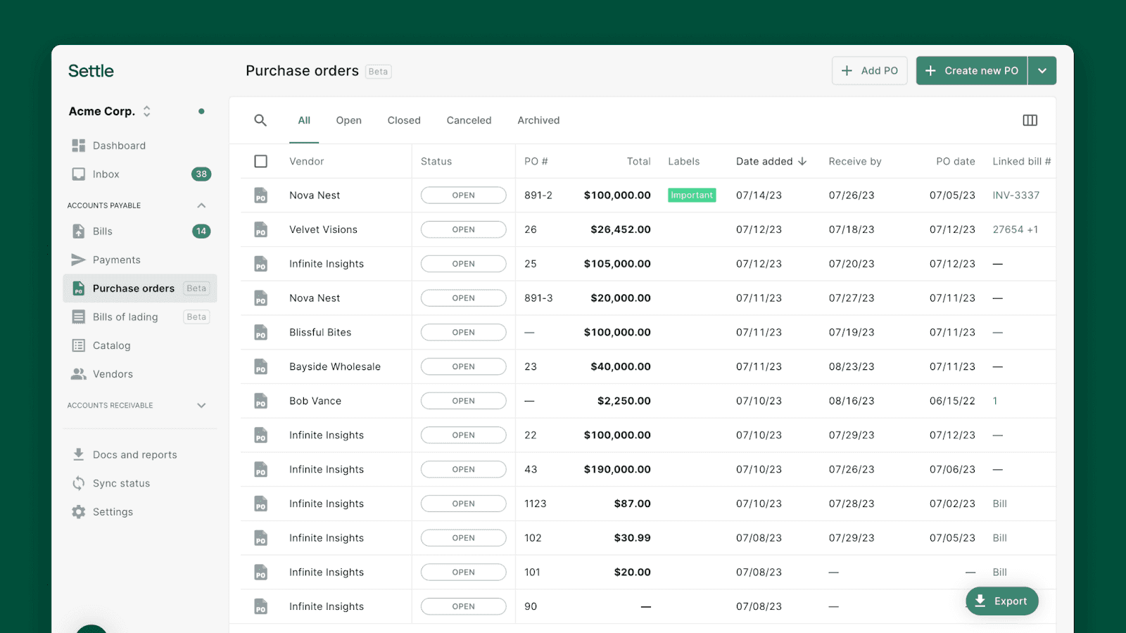 Purchase Orders Preview