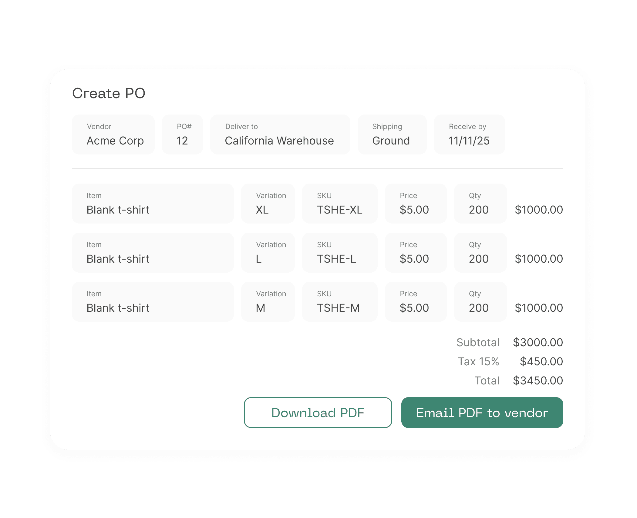 Create custom POs in under 6 minutes*